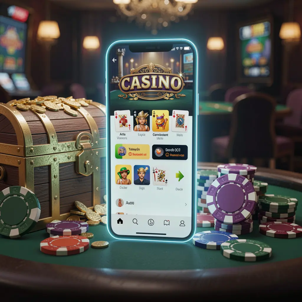 Glowing smartphone displaying SR93 Casino APK app with Android-style layout, surrounded by treasure chest, chips, and coins in a luxury 3D render