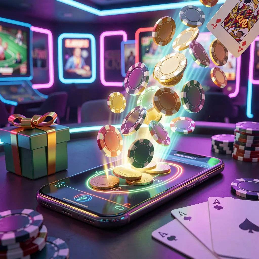SR93 mobile casino bonus scene with a modern smartphone displaying glowing casino chips and coins emerging from the screen, surrounded by a gift box and playing cards in a bright neon casino atmosphere