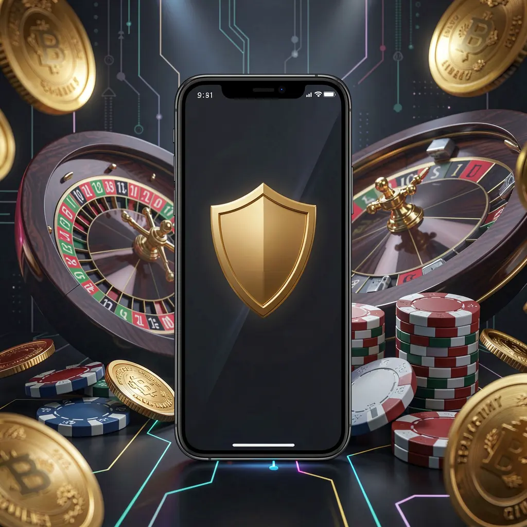 SR93 secure mobile casino login screen showing a phone with a shield icon, roulette wheel, poker chips, and golden coins in a dark cyber luxury atmosphere