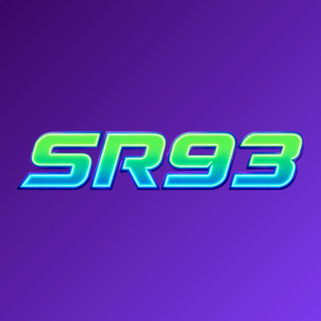 Futuristic neon SR93 logo with thick angular typography glowing in vivid green, blue, and purple, featuring sharp tech-inspired details on a transparent background, designed as a wide horizontal rectangular wordmark for website header