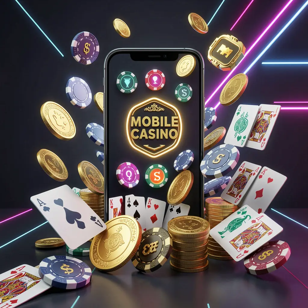 SR93 mobile casino homepage concept showing a smartphone surrounded by golden coins, chips, cards, and glowing icons on a modern dark background with neon accents